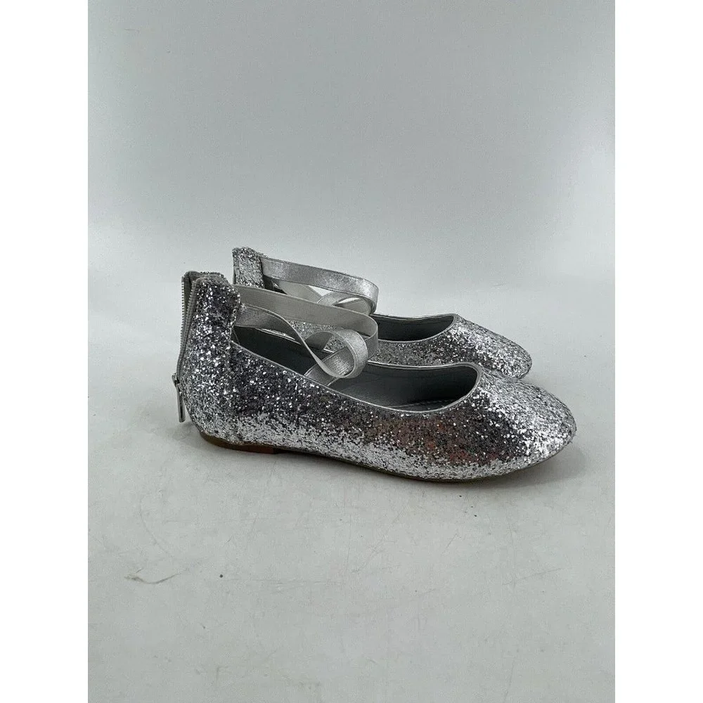 Nova Utopia Round Toe Silver Glitter Dress Flats Ankle Strap Zip Shoes Size 3